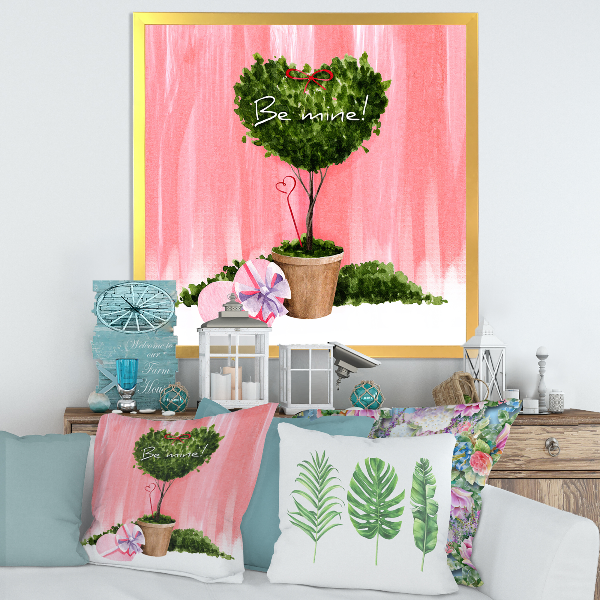 Designart 'Be Mine Heart Shaped Valentine House Plant' Farmhouse Framed Art Print