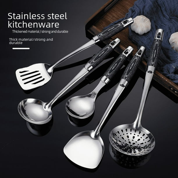 Espátula de acero inoxidable con mango de veta de madera, cuchara para sopa, espátula, colador, aislamiento térmico, utensilios de cocina, suministros de cocina, traje de cocina, regalo