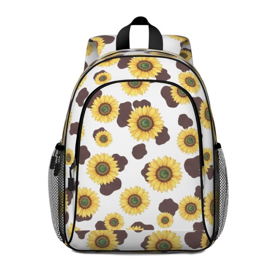 Sunflower and Cowprint White Pattern Backpack for School, Cute School Bag with Adjustable Shoulder Straps and Padded Back, 15"x11.42"x5.5"