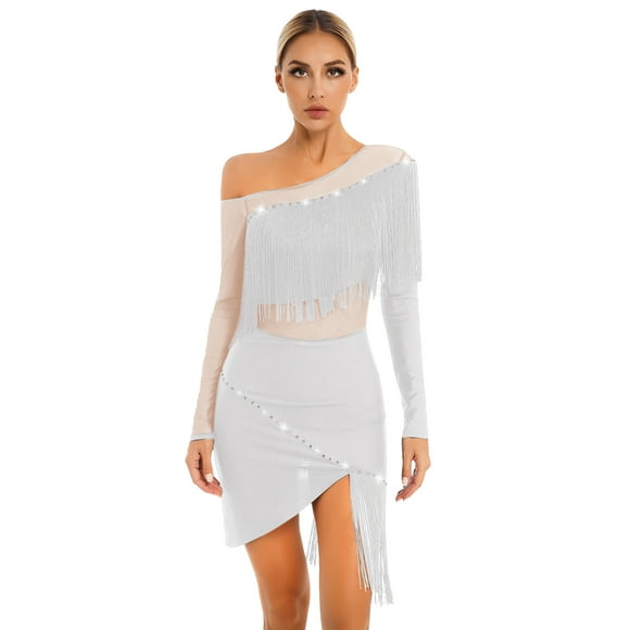 Jowowha Robe de Danse Latine pour Femmes Épaule Oblique Manches Longues Robe à Franges Costumes de Danse Tango Blanc m
