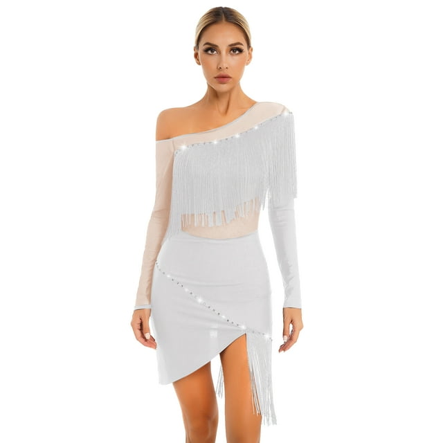 Jowowha Robe de Danse Latine pour Femmes Épaule Oblique Manches Longues Robe à Franges Costumes de Danse Tango Blanc TTG