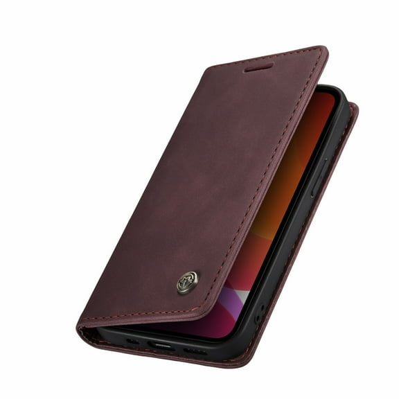 For iPhone 13 Pro Wallet Case in Burgundy Handmade Leather Magnetic Folio Flip