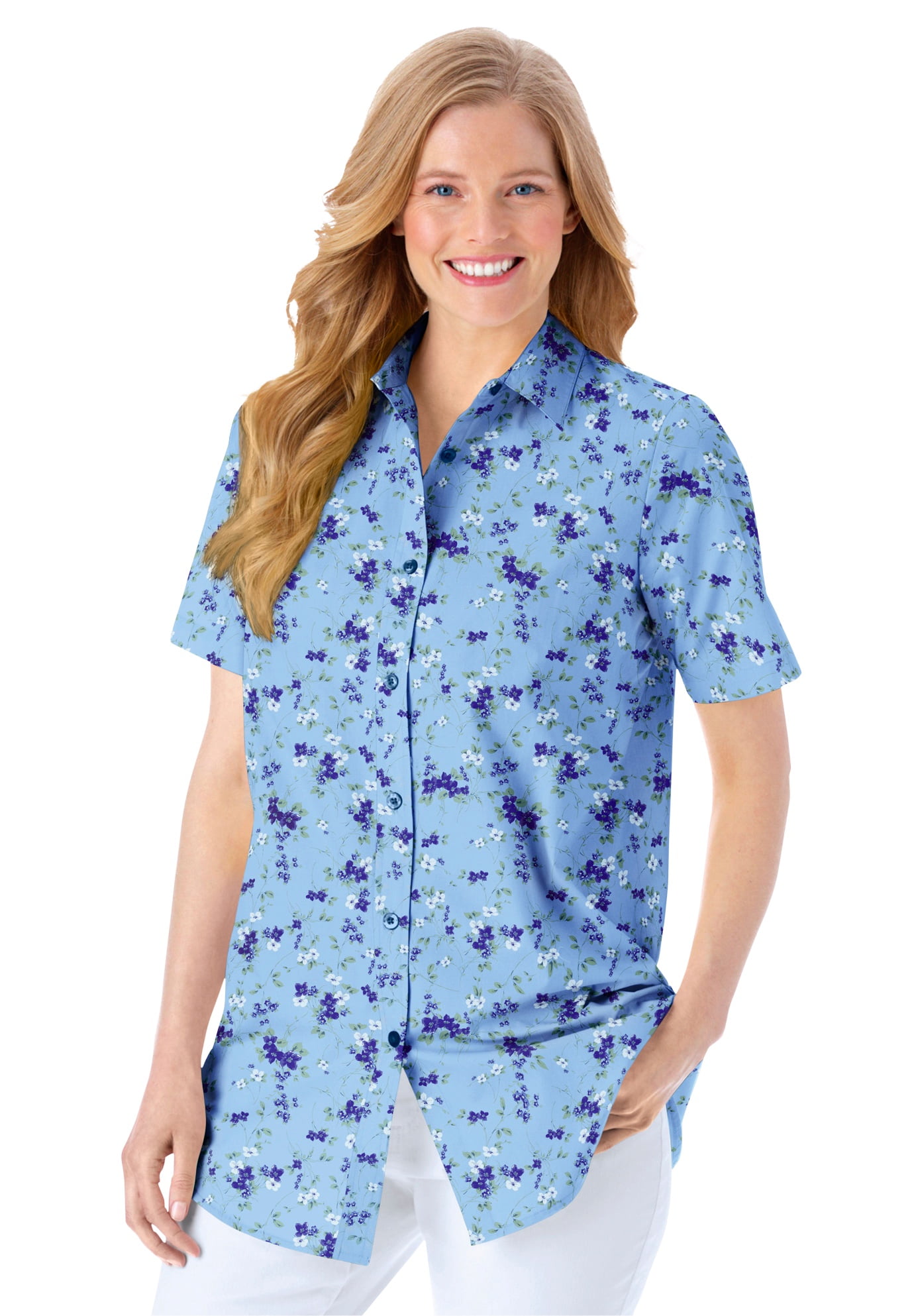 Woman Within Women's Plus Size Perfect Short Sleeve Button Down Shirt ...
