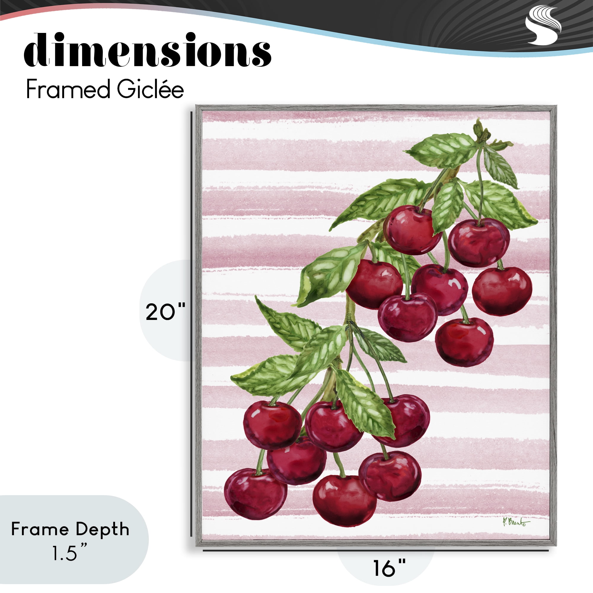 Stupell Industries Juicy Cherry Vine on Stripes Gray Framed Giclee Art, design by Paul Brent