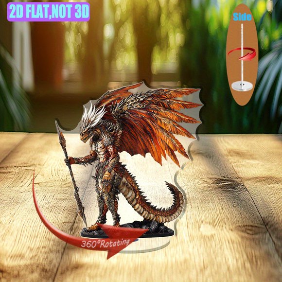 Rotating acrylic display of a majestic humanoid dragon with tiger stripes, vibrant gold and scarlet scales, and massive feathered wings wielding an enchanted spear