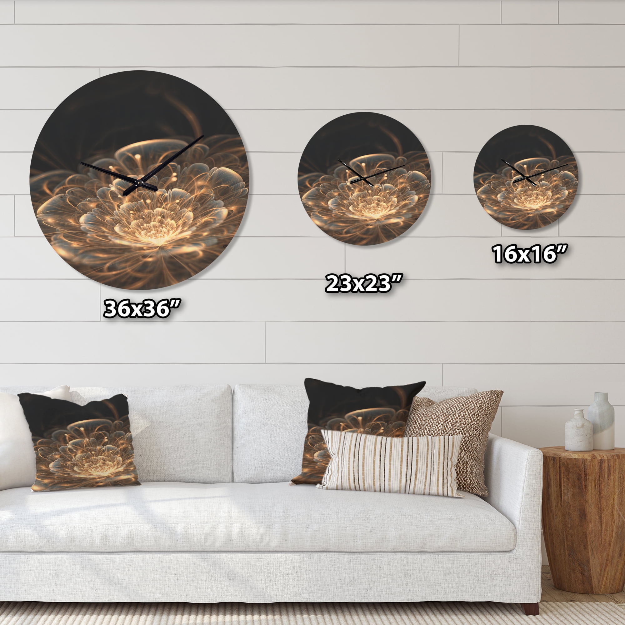 Designart 'Golden Rays With Fractal Flower' Modern Wood Wall Clock