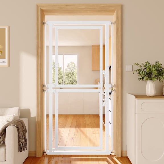 Laisnet 73.6" Extra Tall Pet Gate, Adjustable 29.5-32.3" Wide, Full Clear Acrylic Panel, Narrow 1.37" Gaps, No Drilling Pressure Mounted, Auto-Close