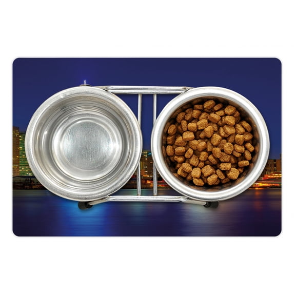Urban Pet Mat for Food and Water, Manhattan Sunset Skyline Famous New York Cityscape High Rise Buildings Skyscrapers, Non-Slip Rubber Mat for Dogs and Cats, 18" X 12", by Ambesonne
