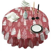 Red Christmas Village Pattern Round Tablecloth 60"x60",Wrinkle Wipeable Table Cloth for Kitchen Dining Room Picnic Patio Party