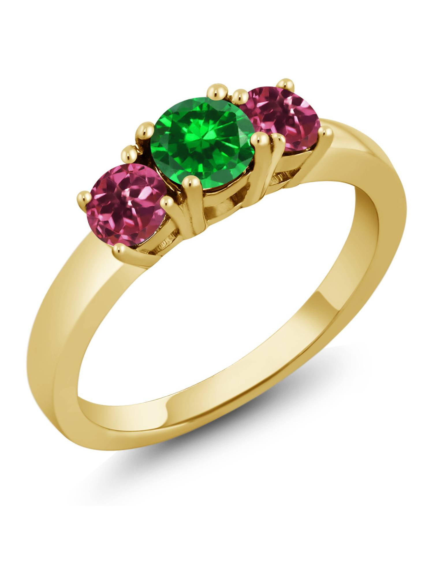 1.32 Ct Green Simulated Emerald Pink Tourmaline 925 Yellow Gold Plated Silver Ring by