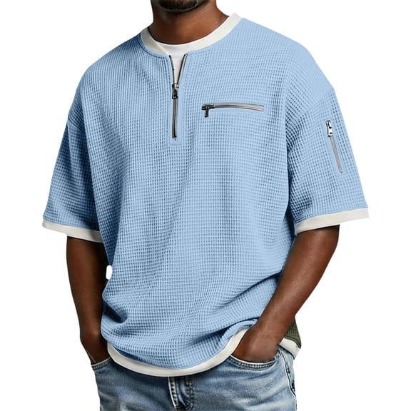Domuza 2026 Men's Casual Fashion Crew Neck Contrasting Zipper Shirts Short Sleeve Waffle Shirt Slim Fit Top Pullover Sky Blue S