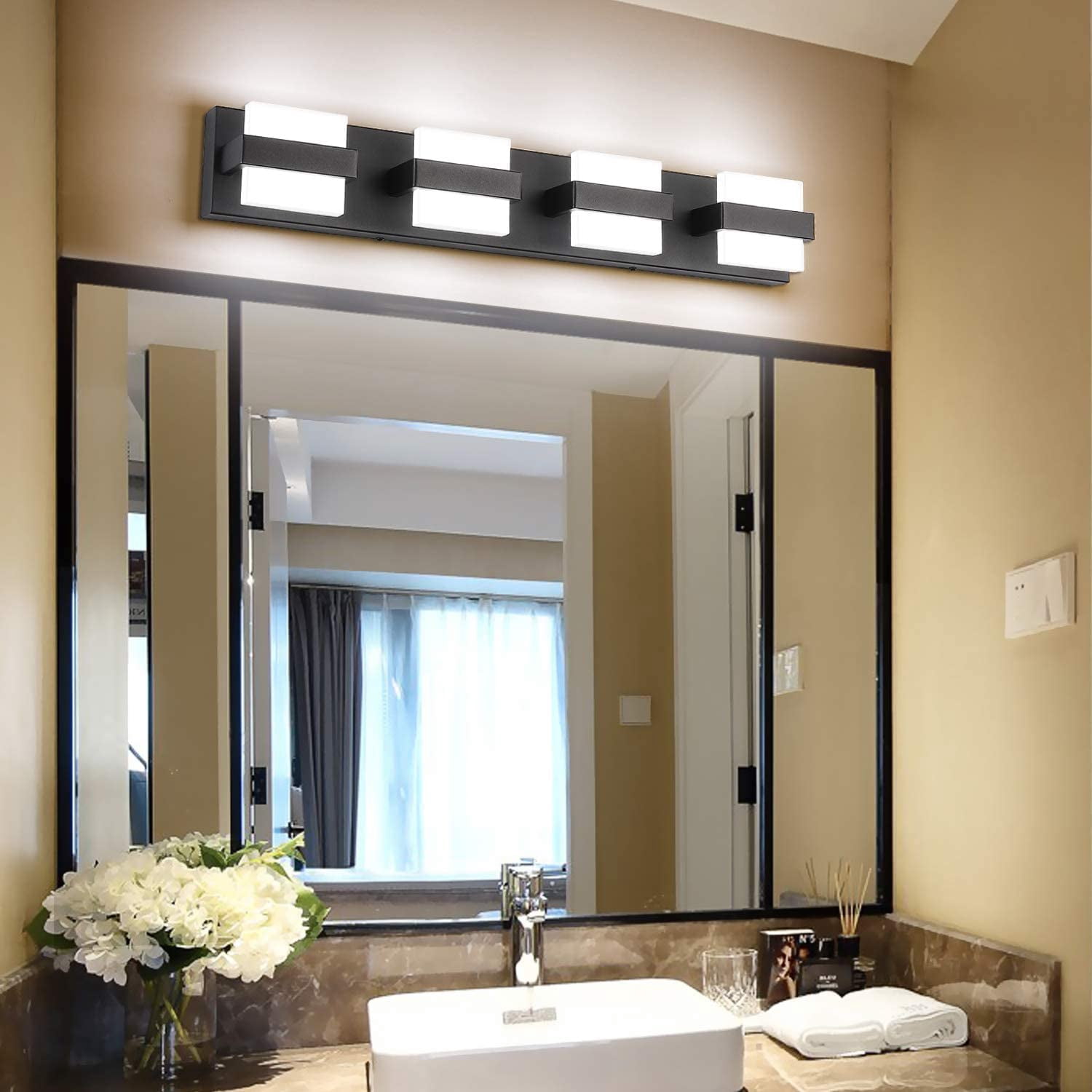 SOLFART 4 Lights Black Vanity Light Fixtures Modern LED Bathroom Light Black Bathroom Lighting Fixtures for Mirror 27 inch White Lights Non Dimmable