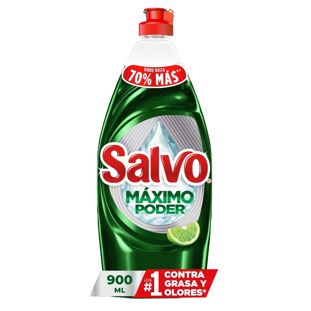 Jabón Líquido para Trastes Salvo Máximo Poder Limón, Rinde hasta 70% Más** 900 ml