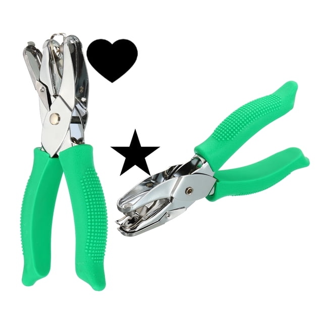 Uxcell 1/4" Perforadora de un solo agujero, perforadora manual con agarre suave, forma de estrella y corazón, paquete de 2 en verde