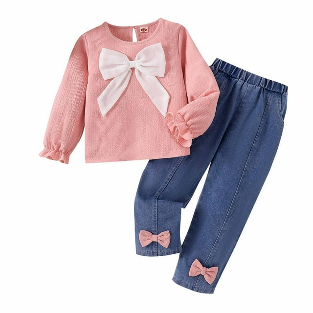 Odeerbi 2-7 Años Niñas Conjuntos de Algodón Arco Ruffle Manga Larga Tops Jeans de Dos Piezas Conjunto de Pantalones de Mezclilla