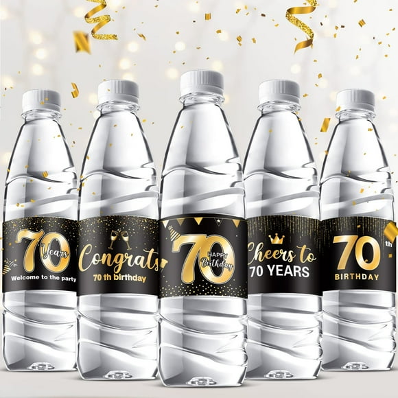 Cheers to 70 Years Celebration Kit: 72 Pcs Black and Gold Birthday Decorations with Mini Wine and Water Bottle Labels, Perfect for 70th Birthday and Anniversary Festivities