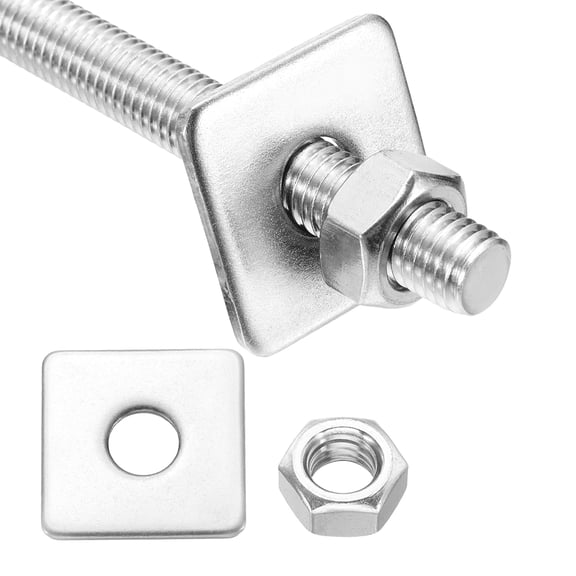 M10x50mm Fully Threaded Rod, 1Set 304 Stainless Steel Threaded Rods Bar Studs Right Hand Threads with Nut Square Washer for Structural Anchoring Fastening Screw