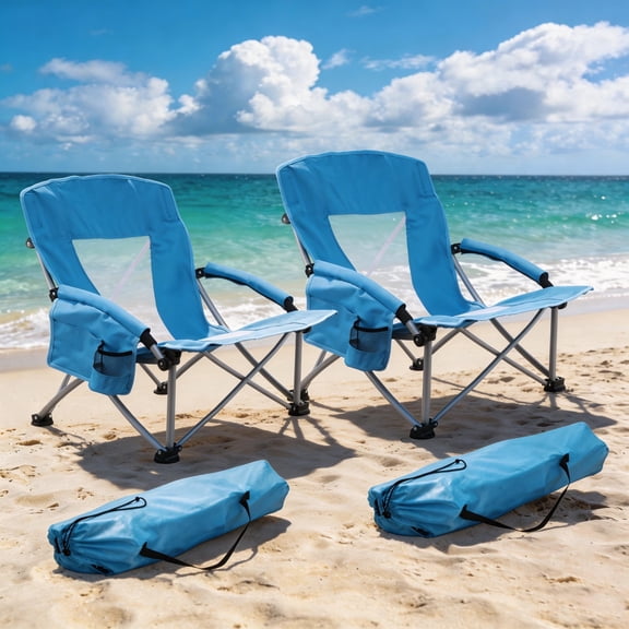 Coliware 2-Pack Folding Low Beach Chair, Portable Camping Chair with Side Cup Holder & Storage Space, Lightweight Heavy Duty Camping Chair for Adults, Carry Bag for Outdoor, Blue