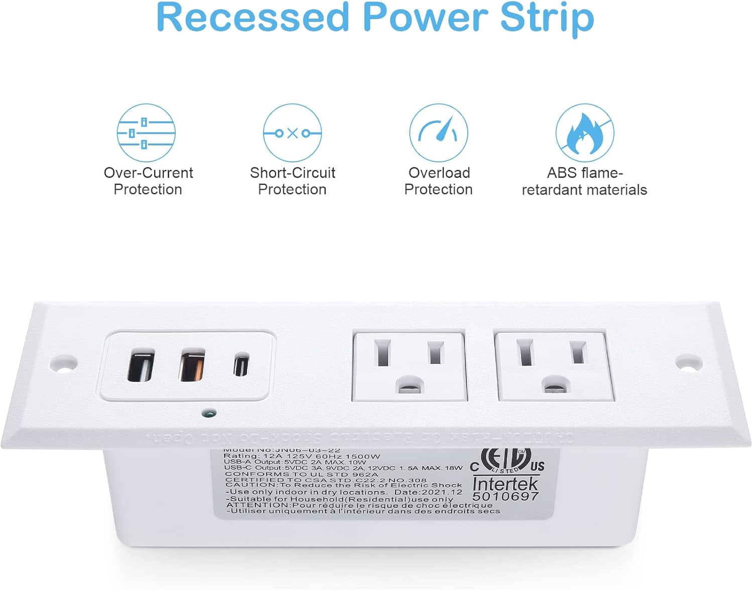 Recessed Power Strip with 20W USB C Port, Fast Charging USB A Port Desk Outlet, Furniture Hidden Charging Station for Side Table, End Table, with 6FT 45 Degree Flat Plug Extension Cord,White