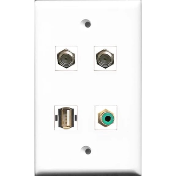 RiteAV 1 Port RCA Green 2 Port Coax Cable TV- F-Type and 1 Port USB A-A Wall Plate