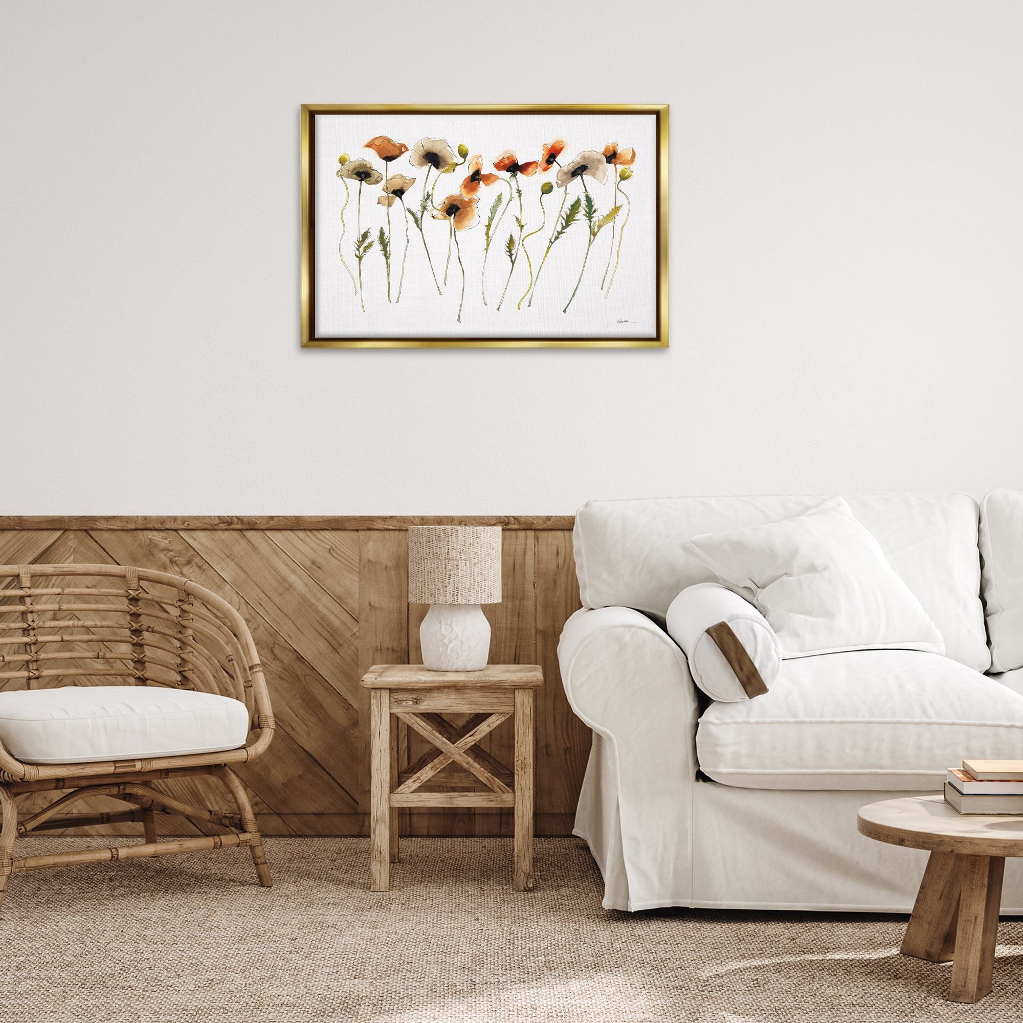 Stupell Industries Autumn Poppy Sprigs Botanical & Floral Painting Gold Floater Framed Art Print Wall Art, 31 x 21