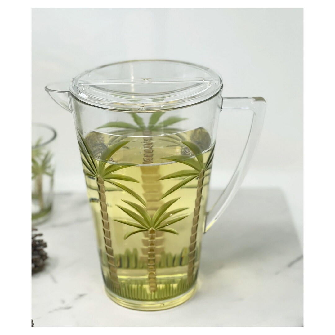 2.75 Quart Clear Plastic Pitcher with Lid - BPA Free, Palm Tree Design, Unbreakable