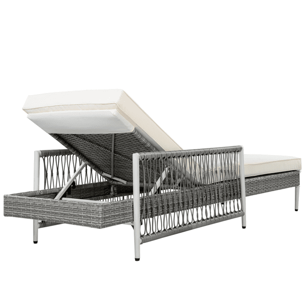 Minimalist Patio Wicker Lounge Chair, Outdoor All-Weather PE Rattan Chaise Lounge with 6 Gear Adjustable Recliner, Arms and Cushion for Poolside, Deck, Grey