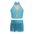 thumbnail image 3 of Miutii Kids Girls Shiny Rhinestone Crop Top and Fringe Skirt Tassel Latin Salsa Rumba Dance Dress 2 Piece Outfit Blue Green 8, 3 of 7