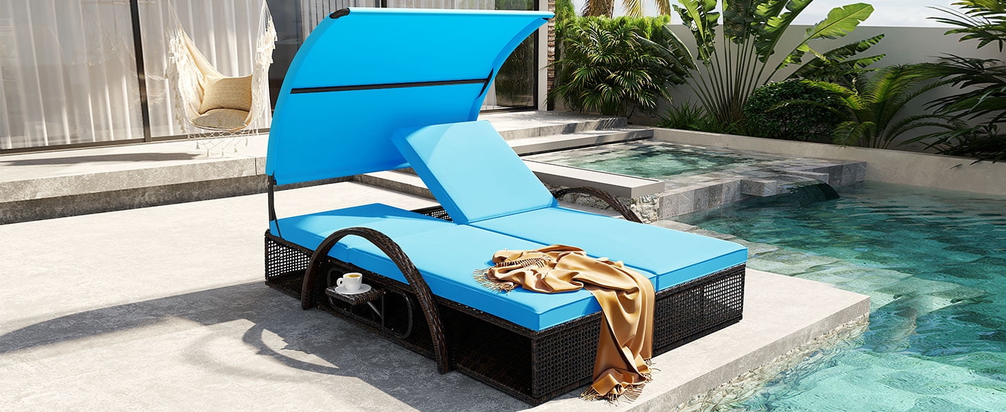 Mintazer 72.8" Outdoor Double Chaise Lounge with Adjustable Canopy & Pop-Up Side Table, Patio Double Sunbed with Arched Armrests for Patio Poolside, Brown & Blue