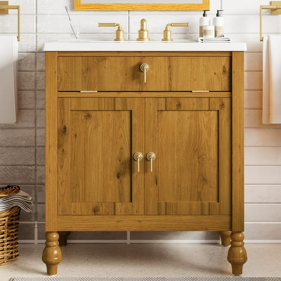 30-Inch Walnut Bathroom Vanity with Seashell Resin Sink, Flip-Up Storage and Soft-Close Doors for Small Bathrooms