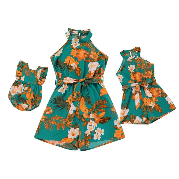 FYMNSI Mommy and Me Summer Short Romper Outfits Sleeveless Belted Casual Jumpsuit Overall for Beach Holiday Photo Shoot Green (Baby 3-6M)