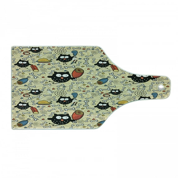 Cartoon Cutting Board, Hungry Owls Lots of Bones and Chunks of Meat Eating Drawing Sketch, Decorative Tempered Glass Cutting and Serving Board, Wine Bottle Shape, Black Multicolor, by Ambesonne