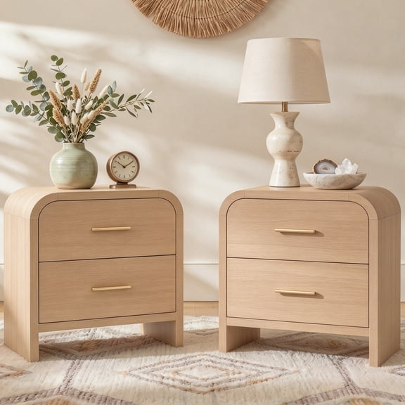 Vintagearth Nightstand Set of 2, 24" Tall Modern Curved Bedside Table, FSC-Certified Wood End Table, 2 Drawer Storage, Oak