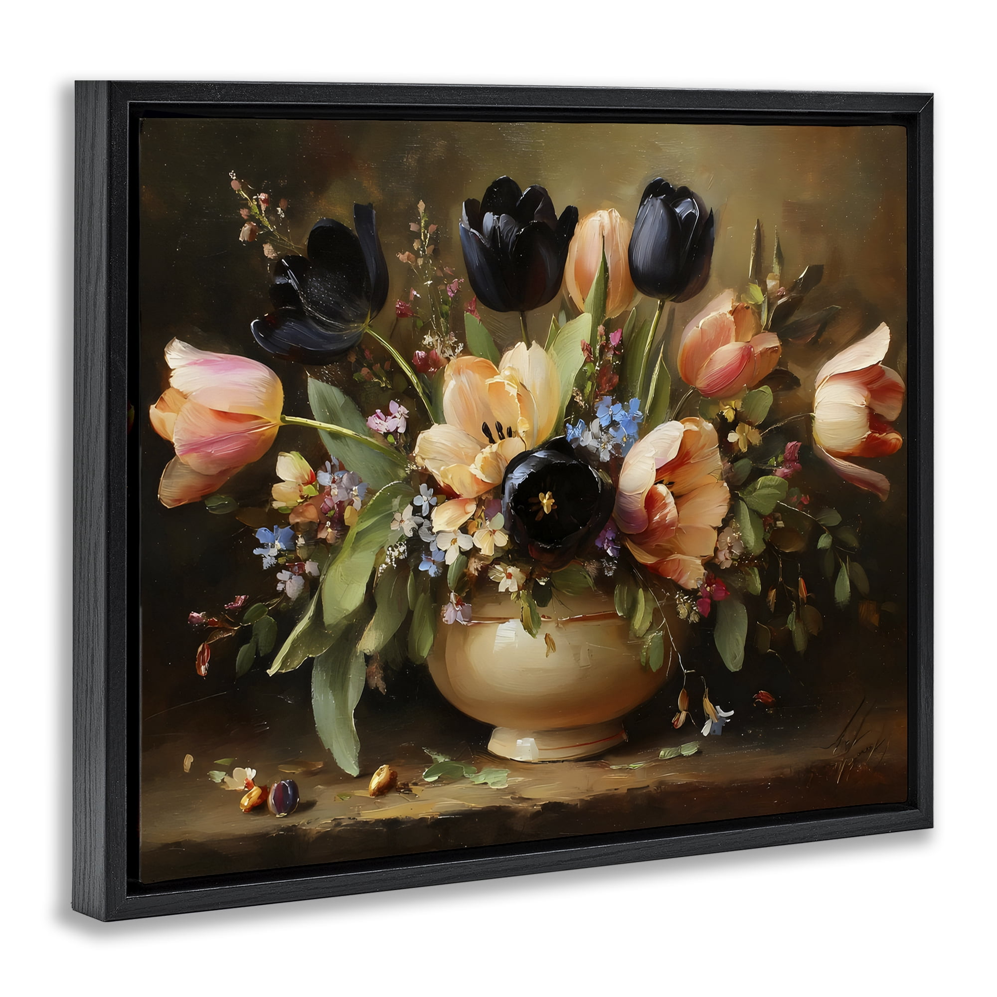Stupell Industries Black Tulips & Peach Bouquet Black Framed Floater Canvas Wall Art, design by Franklyn Gregory