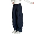 thumbnail image 2 of Bysome Pants For Girls Solid Color Elastic Waist With Drawstring and Pockets Cargo Trousers Casual Girls Pants Size 14-15 Years Navy, 2 of 4