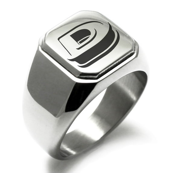 Stainless Steel Letter D Initial 3D Monogram Engraved Engraved Square Flat Top Biker Style Polished Signet Ring
