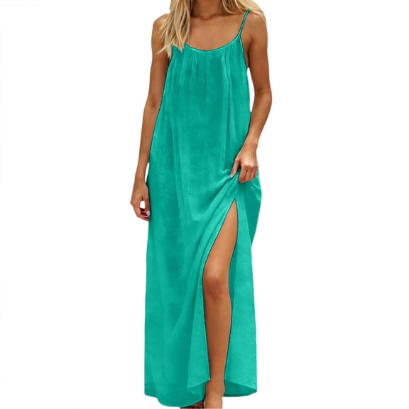 Hvot&aat Backless Cami Dresses for Women Ice Silk Wrinkled Solid Color Sleeveless Maxi Sundress with Back Tie for Beach Vacation
