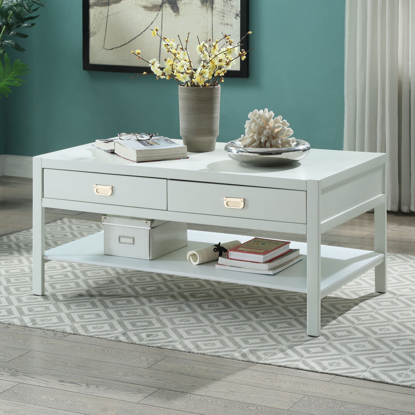 Linon Peggy Coffee Table, Two Drawers, One Shelf, Multiple Colors