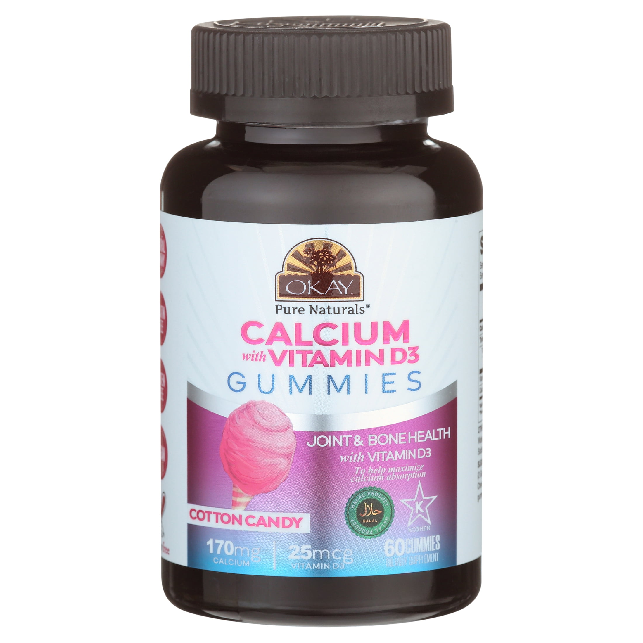 (2 pack) Okay Pure Naturals Calcium Gummies with Vitamin D3 for Bone Health and Immune Support, Cotton Candy Flavor, 60 Count