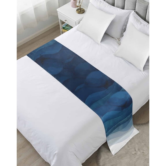 Bed Runner Scarf Queen Size, Navy Blue Ombre Stain Bed Runners & Scarves for Foot of Beds, Modern Moire Gradient Watercolor Decorative Bedding Runner Scarf for Hotel Home Bedroom