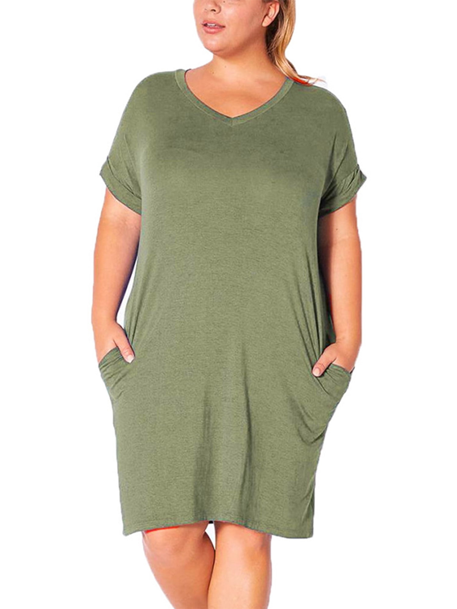 MAWCLOS Womens Plus Size Summer Short Sleeve Casual Dresses Loose Comfy T Shirt Dress Solid Lounge with Pockets