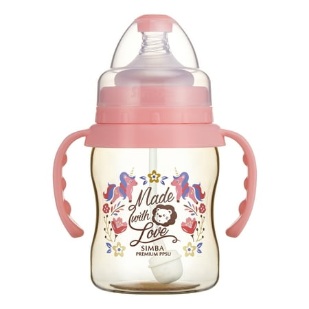 Simba Premium 7 oz PPSU Wide Neck Feeding Bottle with Handle and Weight Straw (Pink, Stage 1 Nipple)