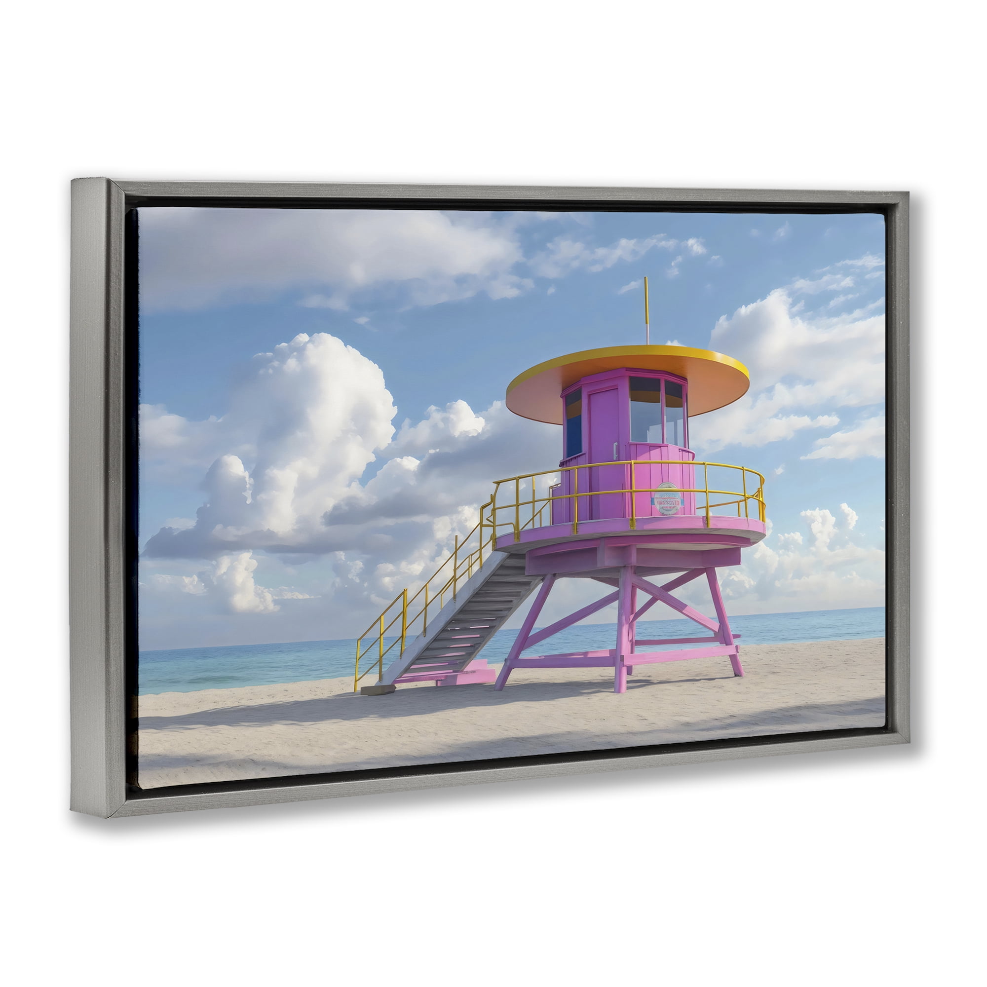 Stupell Industries Miami Beach Tower in Pink Gray Framed Floater Canvas Wall Art, design by Creative Studio
