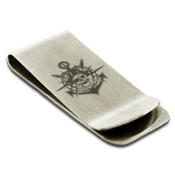 Stainless Steel Jolly Roger Pirate Skull Anchor Engraved Money Clip Credit Card Holder