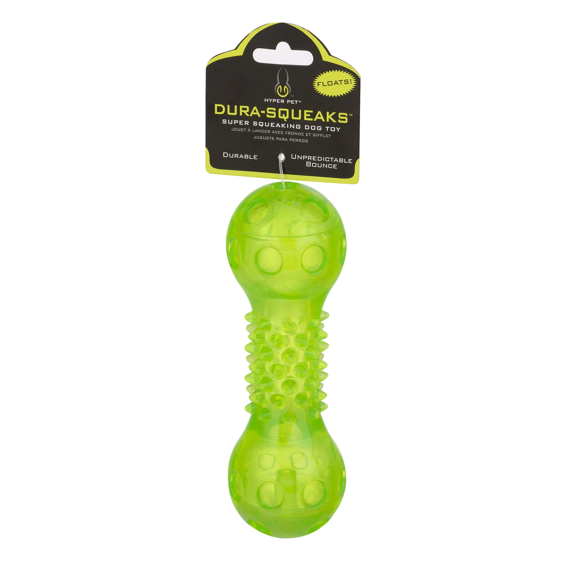 Hyper Pet Dura-Squeaks Durable Non-Toxic TPR Bouncing Super Squeaky Dog Toy, Barbell, Green