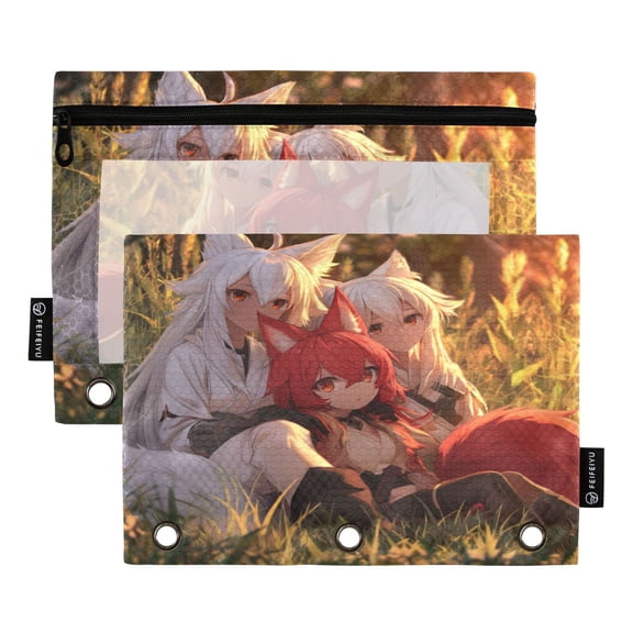 2 Pack 3 Ring Binder Pouch with Clear PVC Window Water Resistant Zipper Pencil Pouch Three Anime Foxes Binder Pocket for Classroom Office Home Stationery Organization