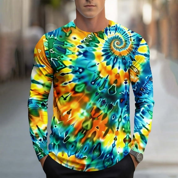 Gamivast Men's Graphic T-Shirts Tie Dye Spiral Print Crew Neck Long Sleeve Shirts Psychedelic Pattern Soft Breathable Casual Party Tops
