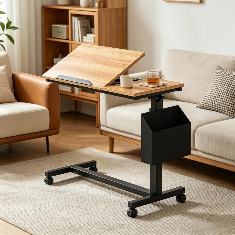 Height Adjustable C-Shaped Side Table with Tilting Top & Wheels, Mobile Laptop Overbed Table with Magazine Holder, 45 lbs Capacity for Sofa Bedroom