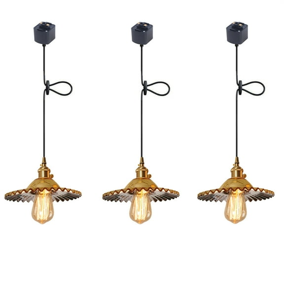 JLOWCO 3 Pack Track Lighting Pendants Adjustable Height Light Fixture Dining Room Gold Light Pendants for Kitchen Island Glass Kitchen Lights Ceiling Hanging Over Table (LED Bulb Include)