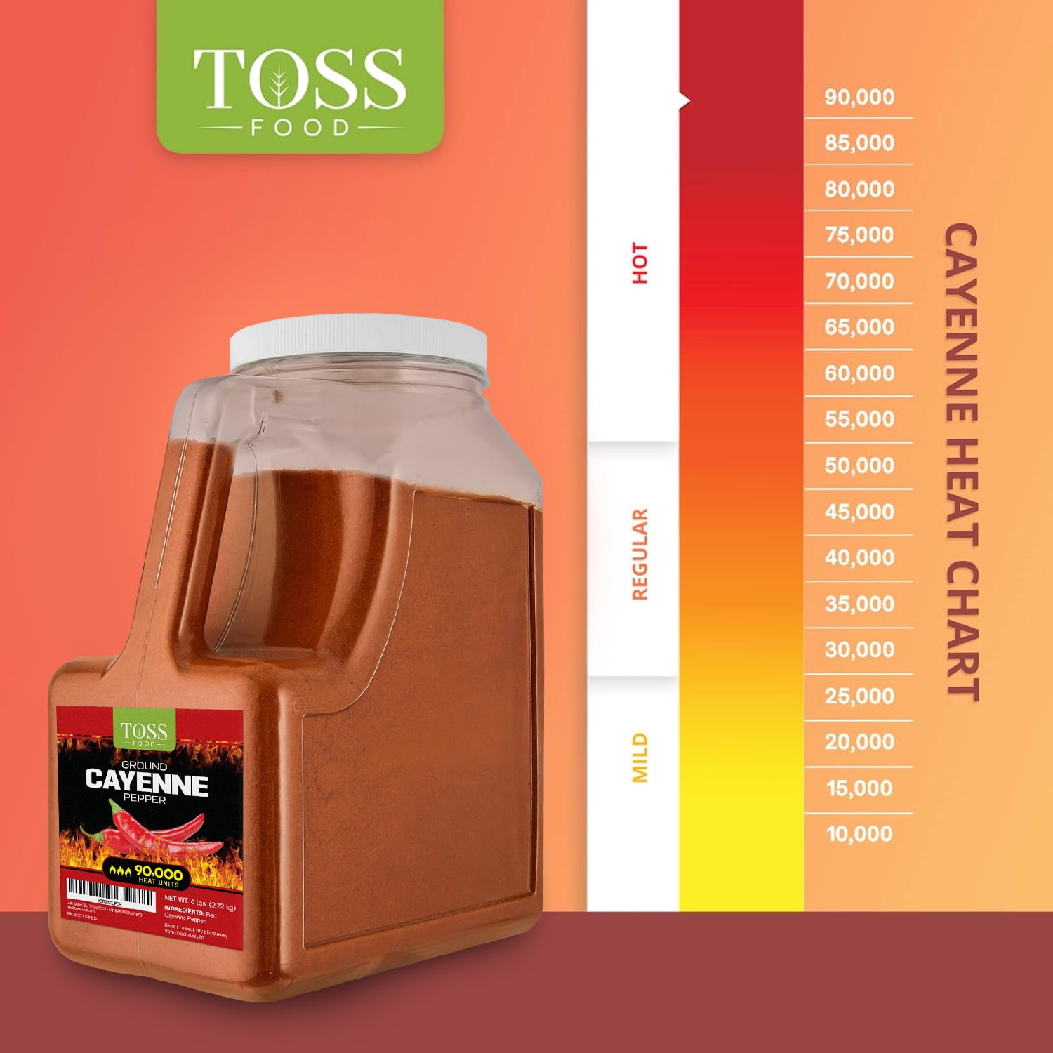 TOSS Extreme Hot Red Cayenne Pepper 90,000 Heat Units Pure and Natural - 6 lb Bulk